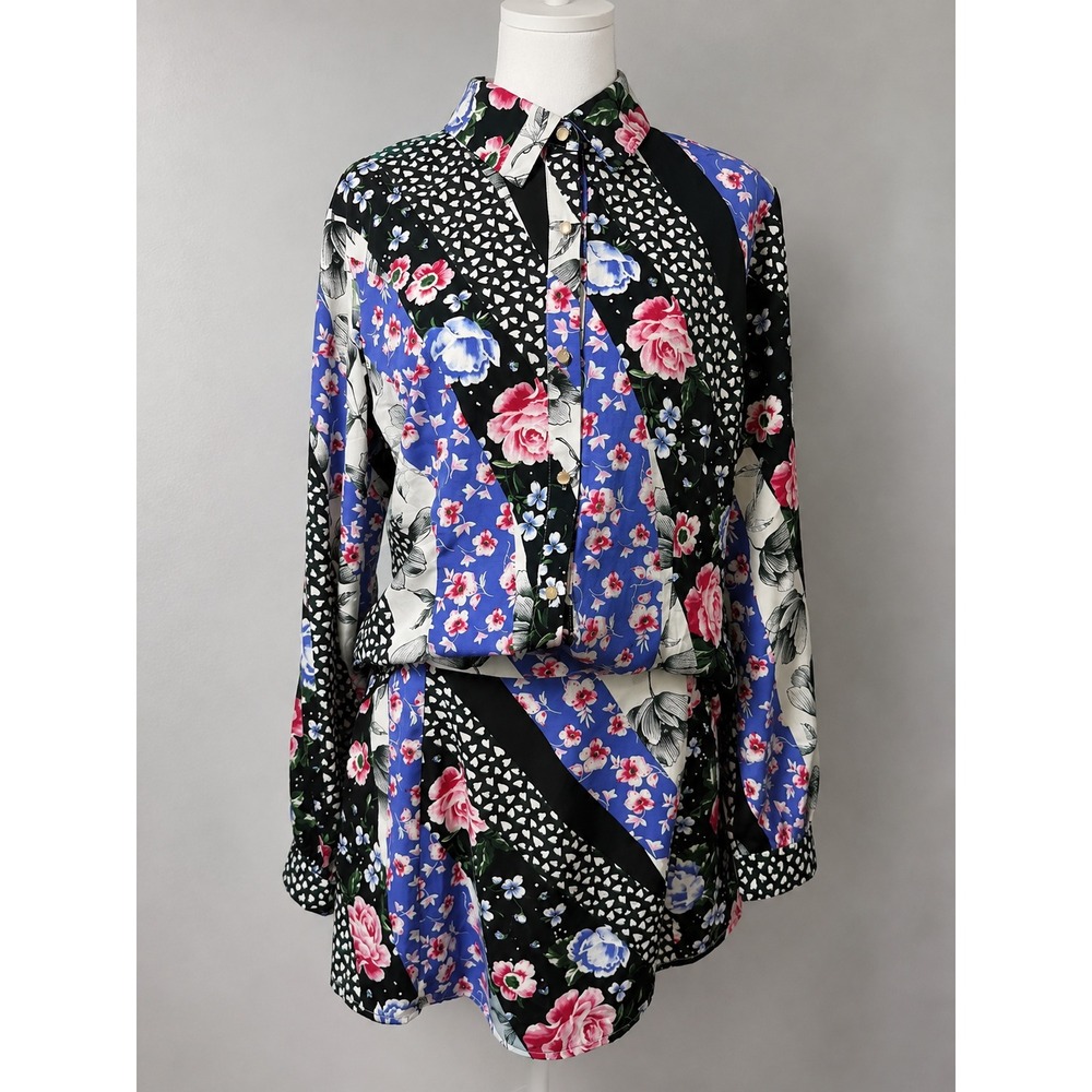 P.CILL Floral Patchwork Long Sleeve Blouse Shorts 2pc Set Large L